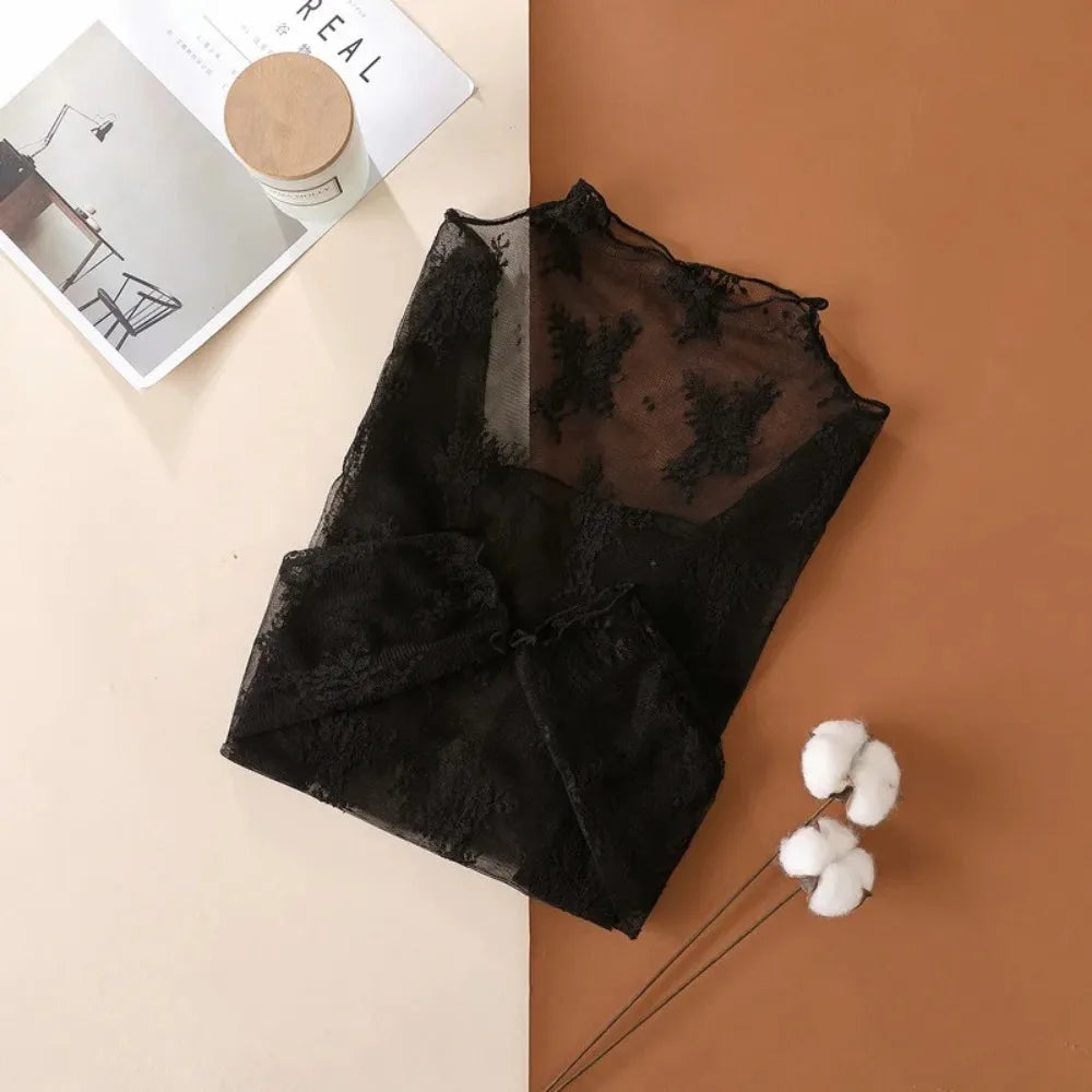 Women's Mesh T-Shirts Long Sleeve Transparent Lace Blouse Sheer See through Top Bottoming Shirt Crop Body Tee