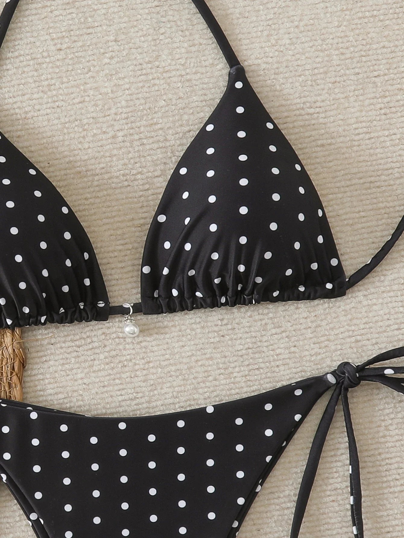 Women's Sexy Polka Dot Halter Bikini Set Lace-Up Low Waist Two-Piece Triangle Thong Swimwear Tie On Side Brazilian Biquinis