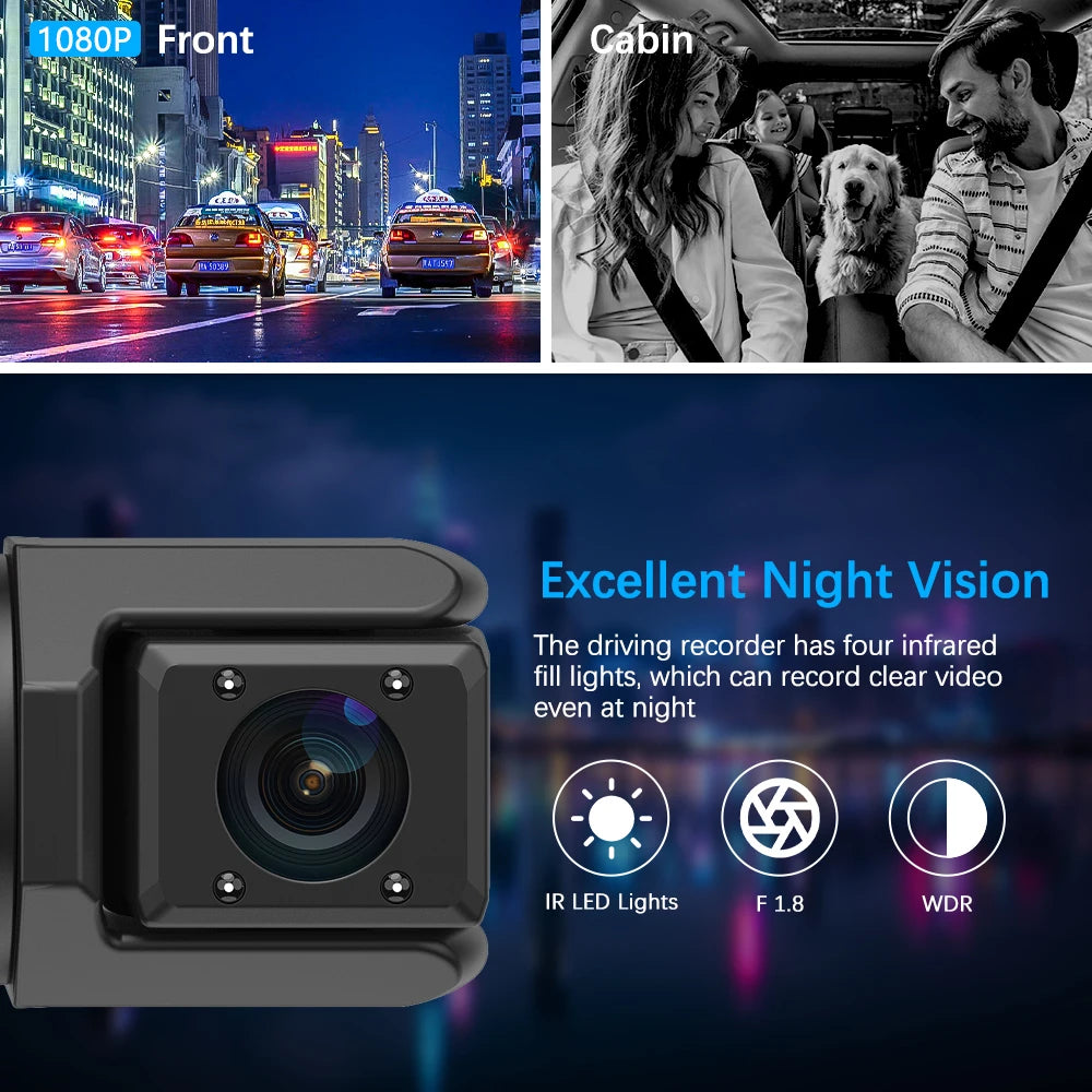 Dash Came For Cars 3 Channels FHD1080P Driving Recorder Car DVR Night Vision Loop Recording G-sensor Tachograph Dashboard Camera