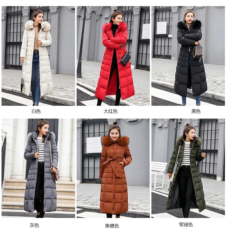 Long Down Cotton Parkas Coat Female New Winter Over Knee Loose Large Fur Collar Hooded Warm Thick Parkas Women  Padded Overcoat
