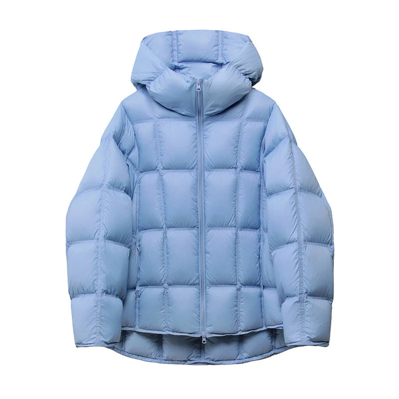 Schinteon Women Light White Down Jacket with Hood Loose Over Size Casual Autumn Winter Outwear Square Warm Short Coat 2026 New