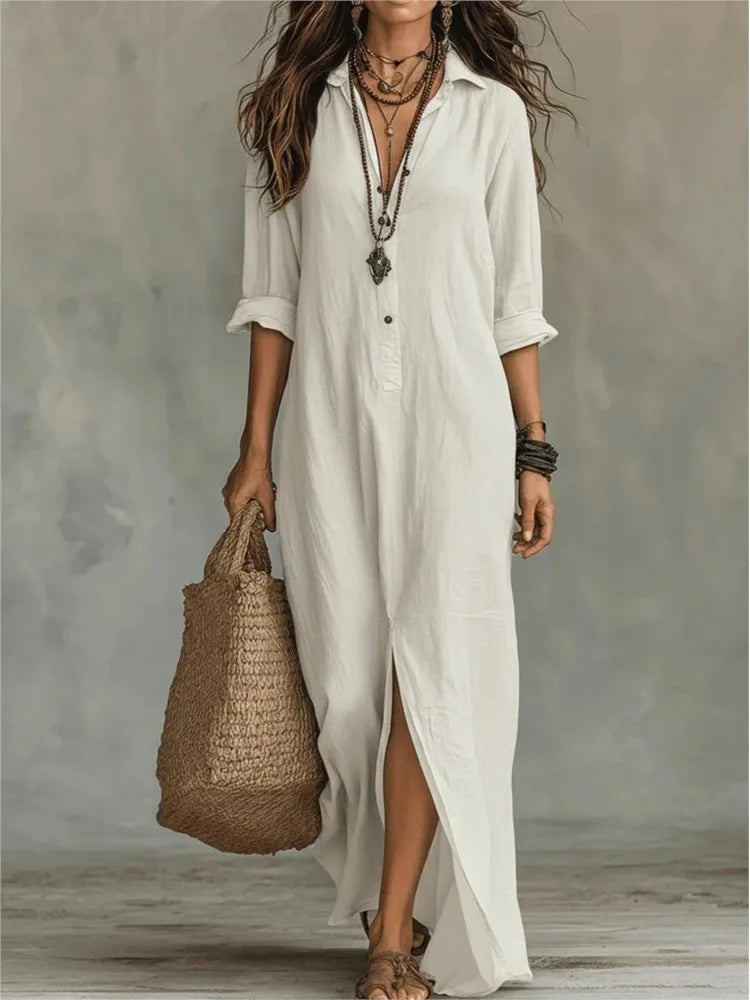 Casual Long Sleeve Loose Maxi Dress Women 2026 Summer Solid Color Turn-down Collar Beach Long Dresses Elegant Vestidos