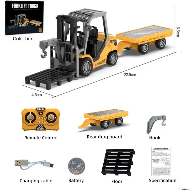 1:64 RC Mini Alloy Car Forklift with Trailer Excavator Desktop Game 2.4G Remote Control Engineering Lift Truck Child's Toy Gifts