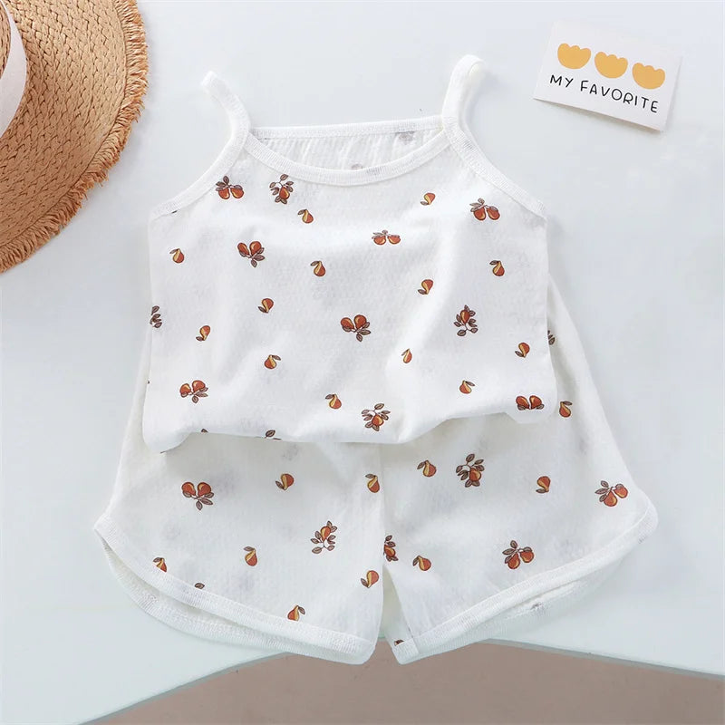 2026 New Kids Tops+shorts Set Summer Thin Baby Cotton Vest Sleeveless Loungewear Set for Girls Suit