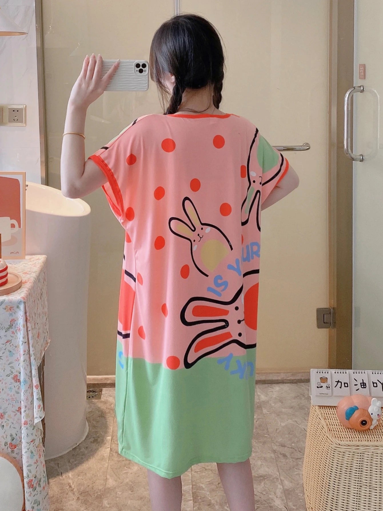 1PC, Summer And Autumn Cool Cute Girls Cartoon Nightdress, Comfortable Short-sleeved Dress, Women's Home Wear, Polyester Pajama