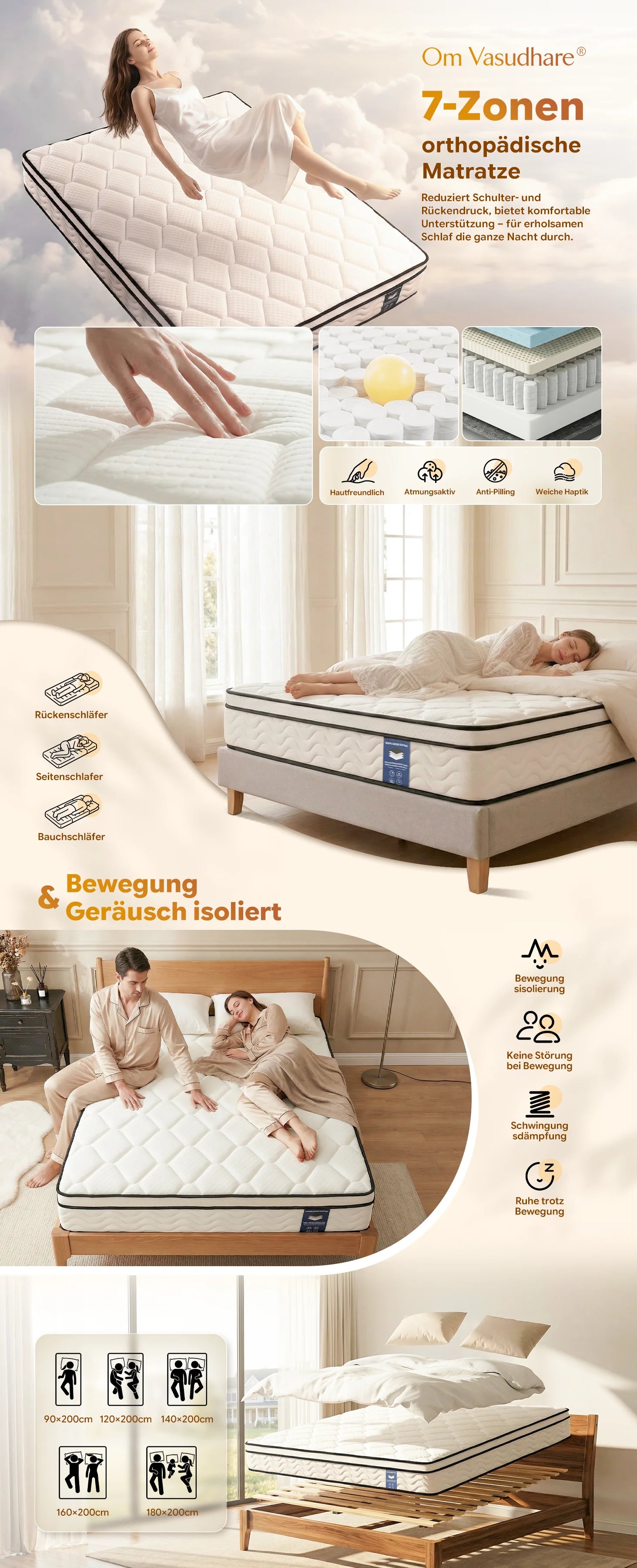CD02 90/140/160/180x200cm Spring Mattress Pocket spring core mattress 25cm H3 - 7 zones with diatom foam & orthopedic support
