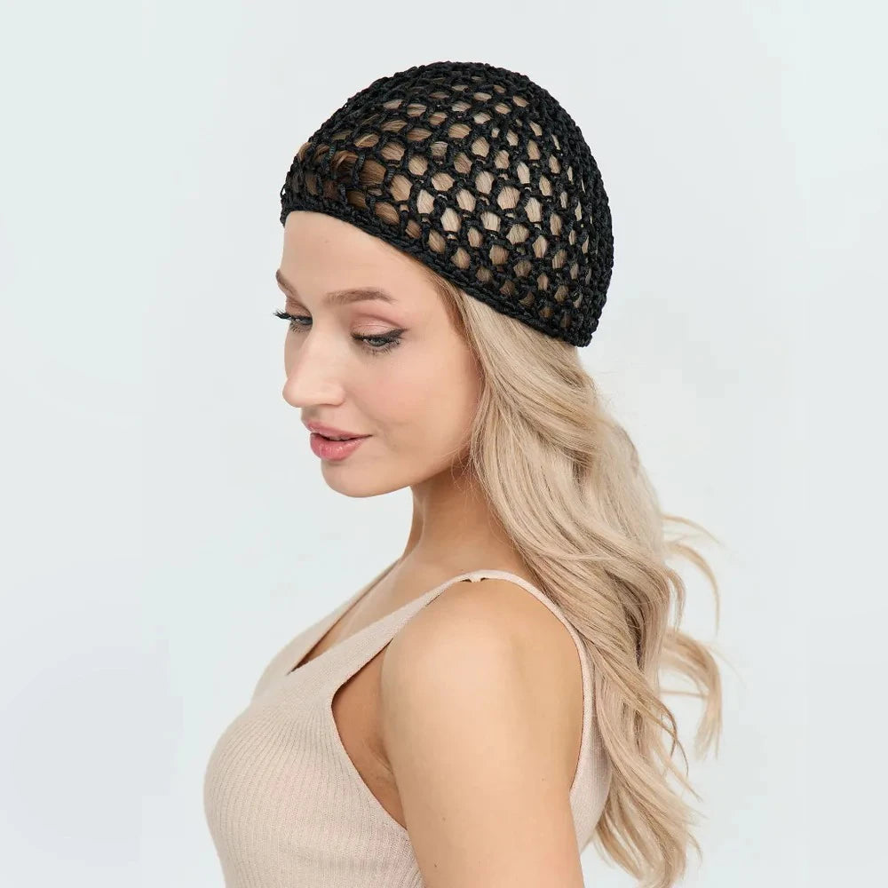 Womens Handmade Mesh Hat Crochet Wig Cap Fashion Solid Color Hair Care Bonnet
