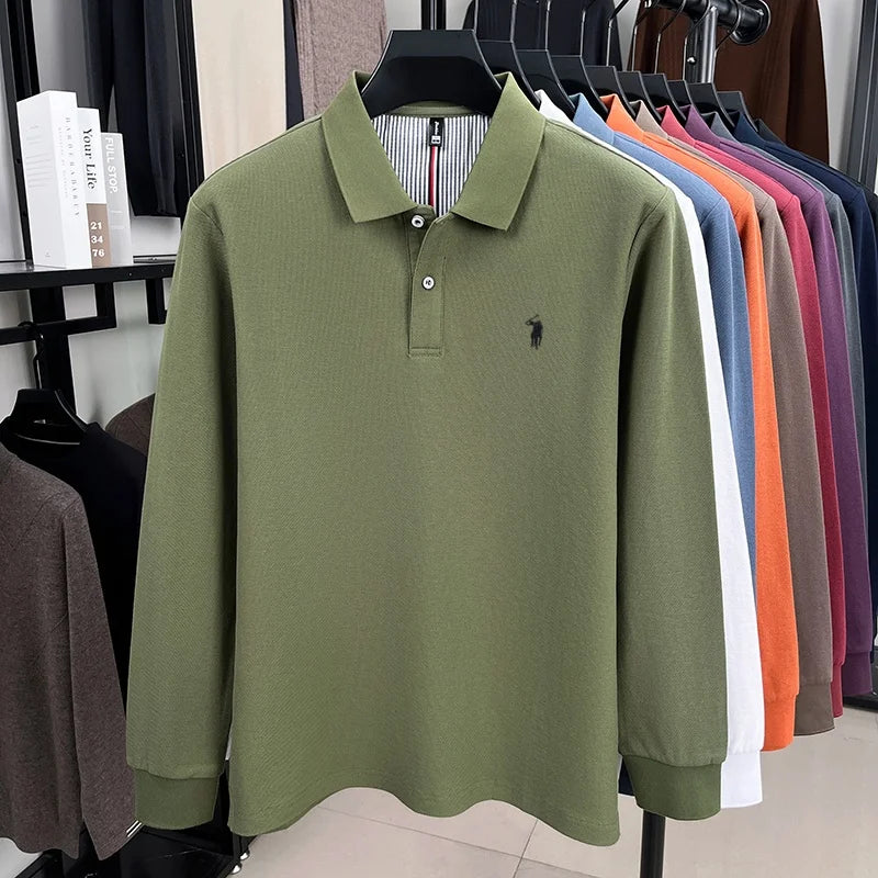 100% pure cotton autumn and winter men's fashion sports brand embroidered pony long sleeved POLO shirt business casual T-shirt