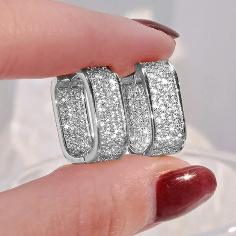 Huitan Korean Fashion Paved CZ Hoop Earrings for Women Metal Silver Color/Gold Color Simple Versatile Earrings Hot Jewelry