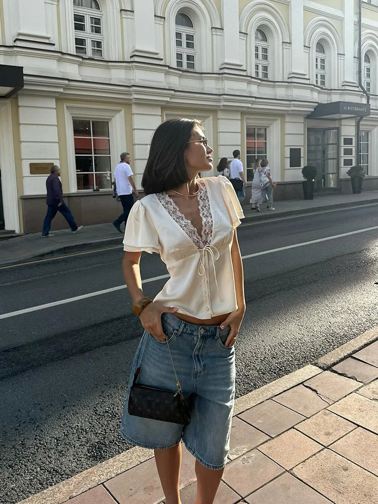 Ahagaga Causal Women Tops Solid Lace -Neck Short Sleeves Satin Slim Button Regular Eelgant Streetwear Tees Female Basic T Shirts