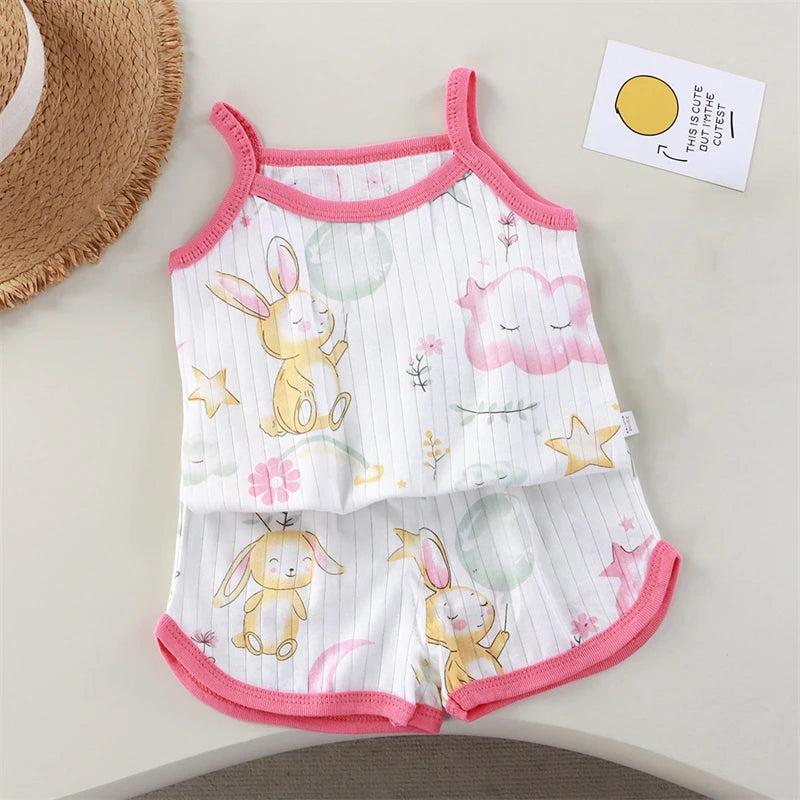 2026 New Kids Tops+shorts Set Summer Thin Baby Cotton Vest Sleeveless Loungewear Set for Girls Suit