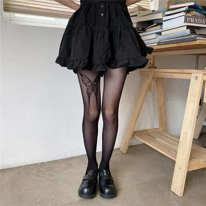 1pair White and Black Hollowed Out Lace Mesh Pantyhose Floral Rattan Bottomed Stockings