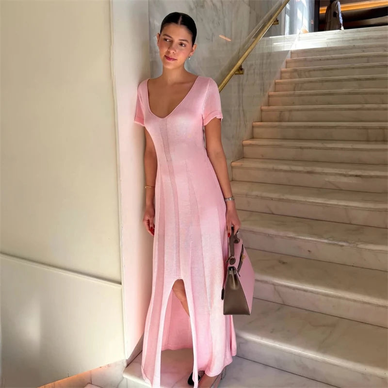 Tsiisd Ribbed Knit Maxi Dress For Women Deep V-Neck Slim High Slit Elegant Patchwork Commute Party Dress Women Knitwear Dress