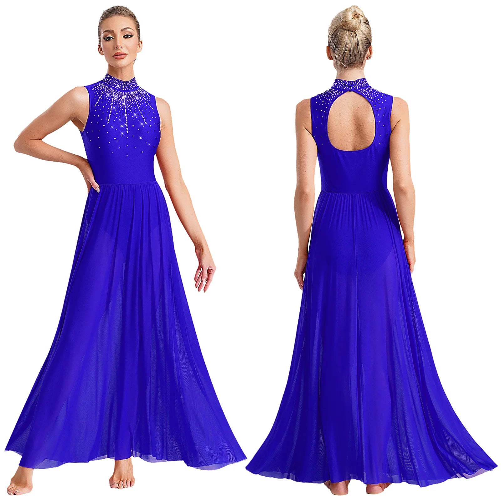 Womens Ballet Lyrical Dance Dress Cutout Back Full Length Overlay Leotard Costume Latin Rumba Tango Maxi Dress Long Dancewear