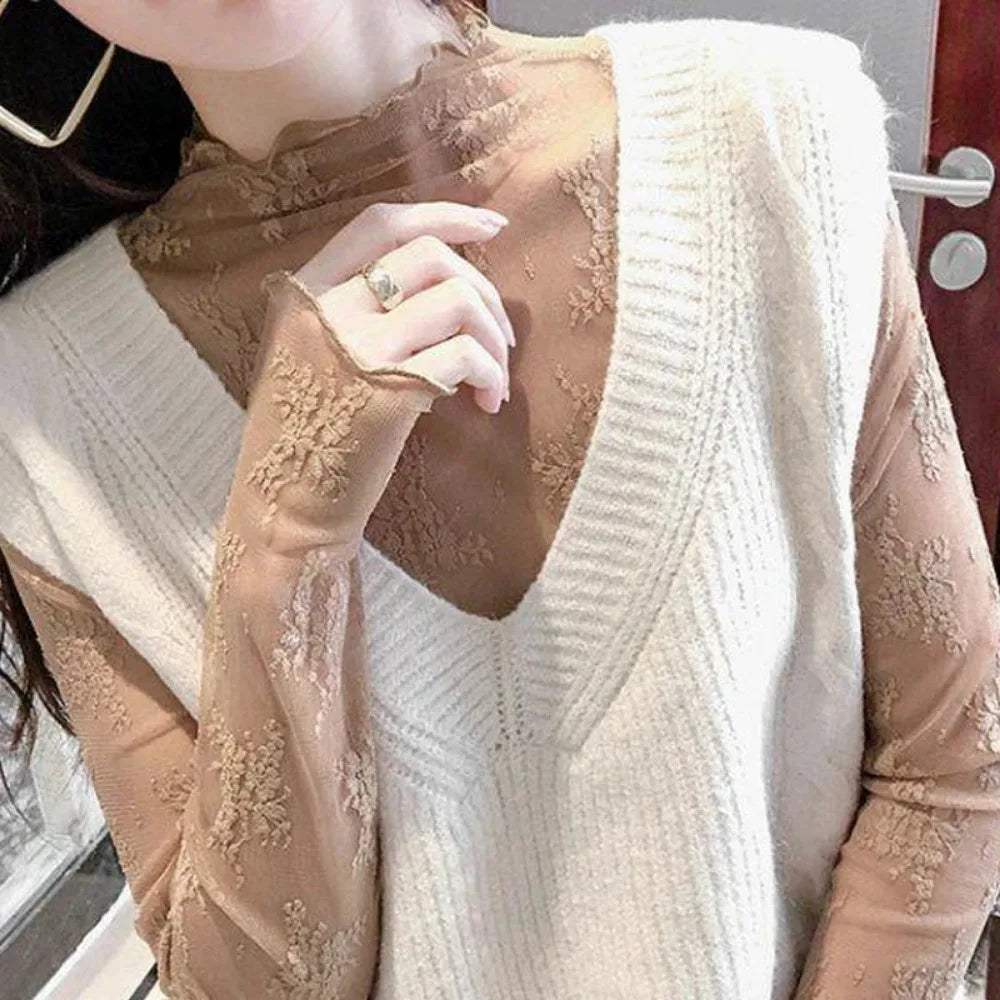 Women's Mesh T-Shirts Long Sleeve Transparent Lace Blouse Sheer See through Top Bottoming Shirt Crop Body Tee