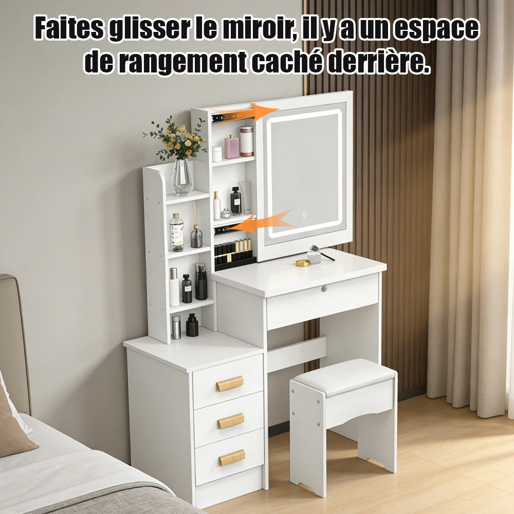 Bedroom Dressing Table Vanity Desk with Sliding Mirror and Lights Makeup Table with Hidden Storage Space