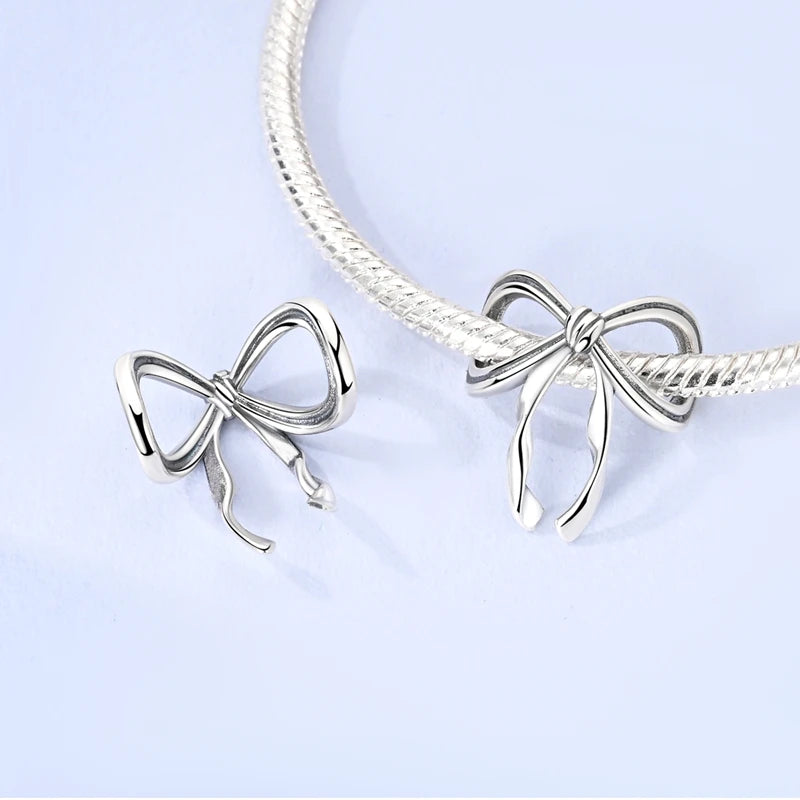 Silver Bow Charms 925 Sterling Silver Pink Heart-shaped Bow Pendants Charms Beads Fit Original S925 Bangle Bracelets DIY Jewelry