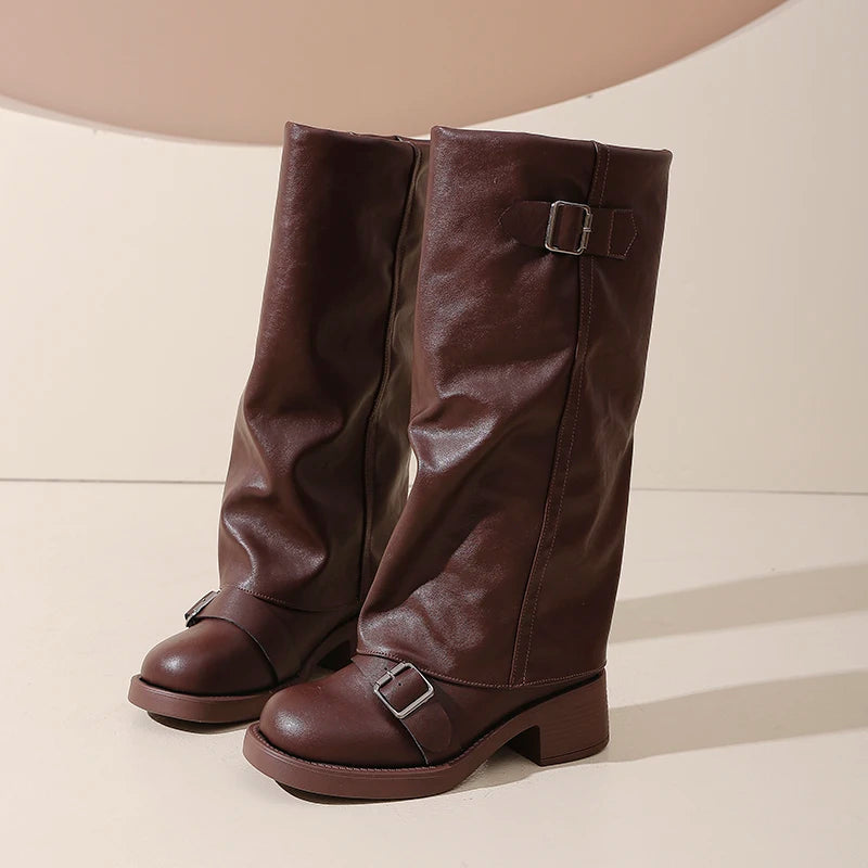 Vintage Thick Heel Women Knee High Boots Fashion Ladies Belt Buckle Knight Long Booties Botas De Inverno Feminina