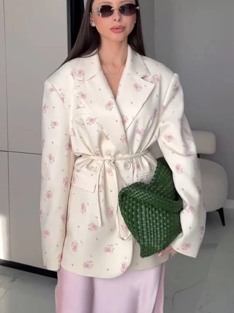 FSMG New Fashion Flowers Print Loose Suit Collar Coat For Women Elegant Belted Waist Cinching Suit Jacket Female Street Chic Top
