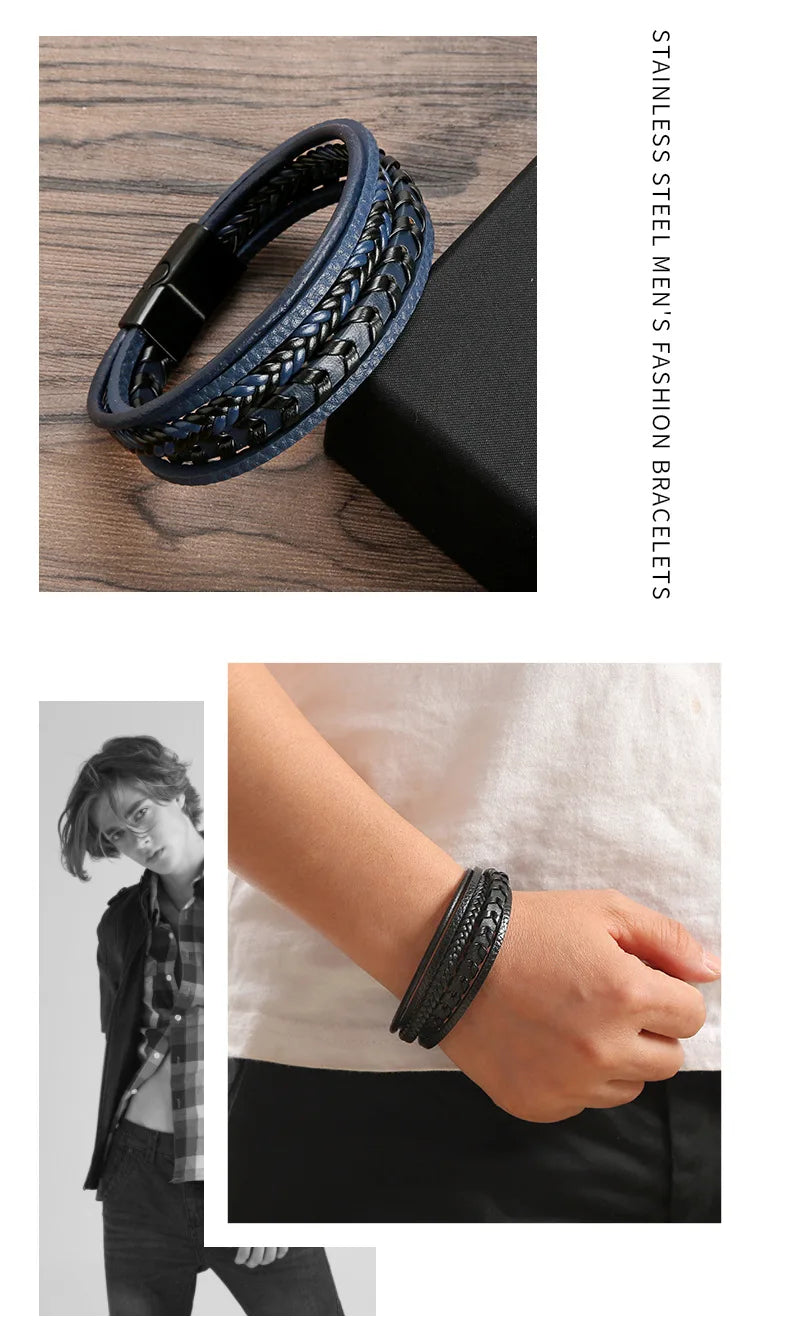 1pc Fashion Accessories MEN'S Multi-layered Vintage Leather Rope Braided Bracelet Alloy Magnetic Buckle Bracelet