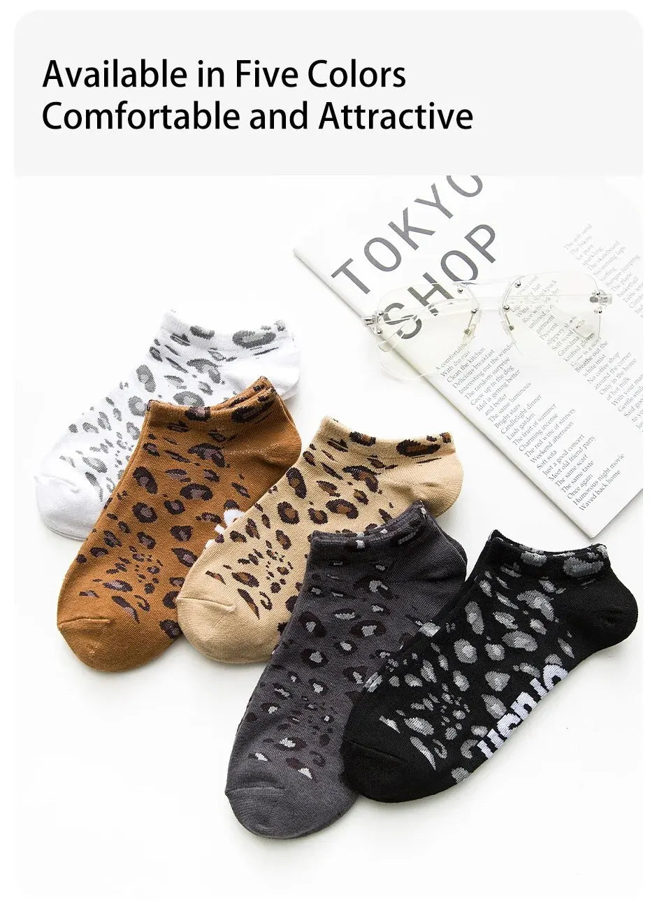 5 Pairs of Women's Seasonal Fashionable and Trendy Leopard Print Cotton Sweat-absorbing and Comfortable Sports Low Top Socks