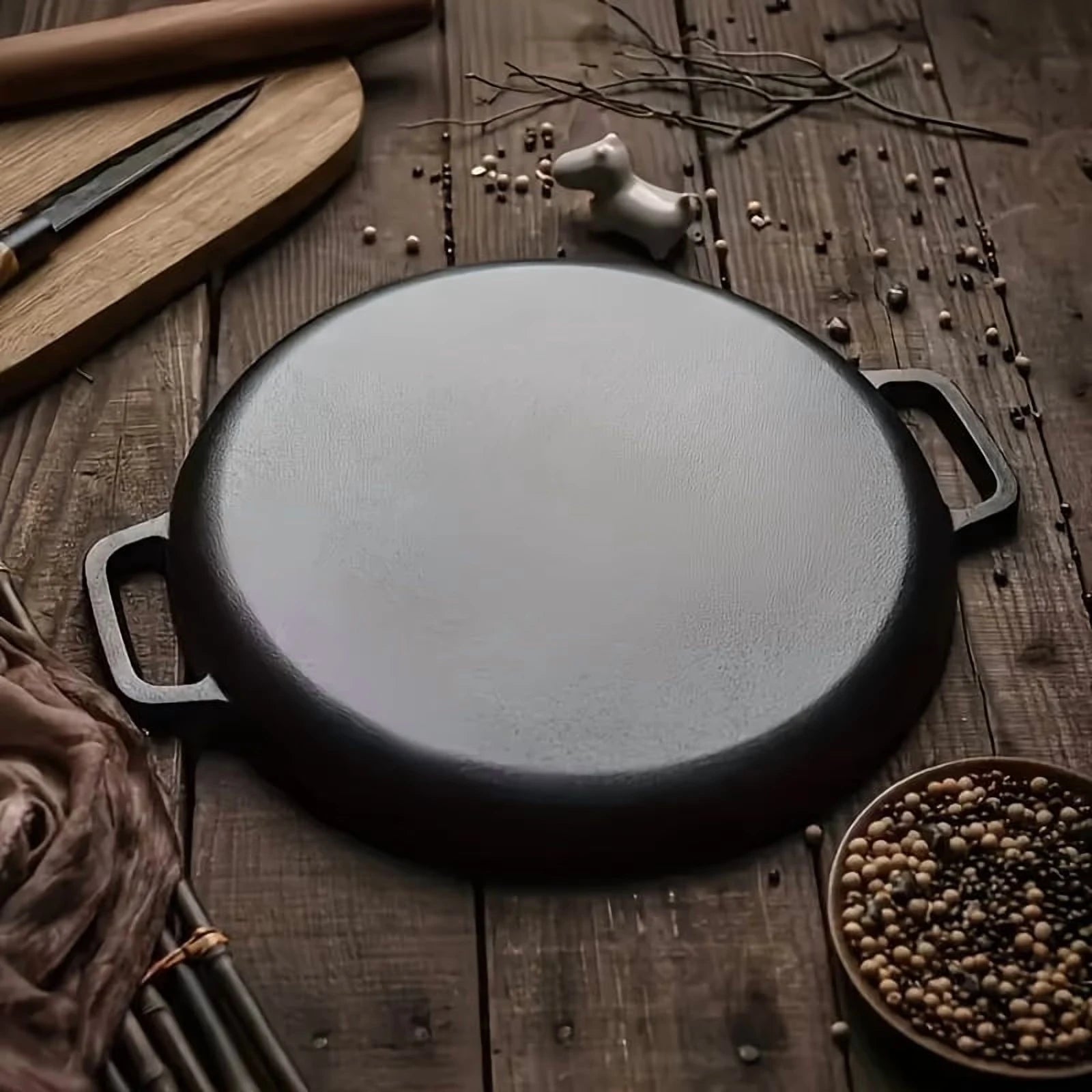 Multifunctional Cast Iron Skillet Non-Stick Design for Pizza Grilling Pancakes Compatible with All Stove Types