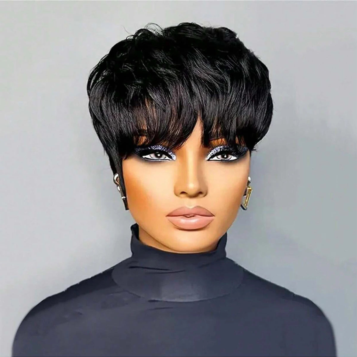 Short Bob Wig ForWomen Pixie Cut Wigs Glueless Wig None Lace Front Wig With Bangs Natural Black Straight Synthetic Wig