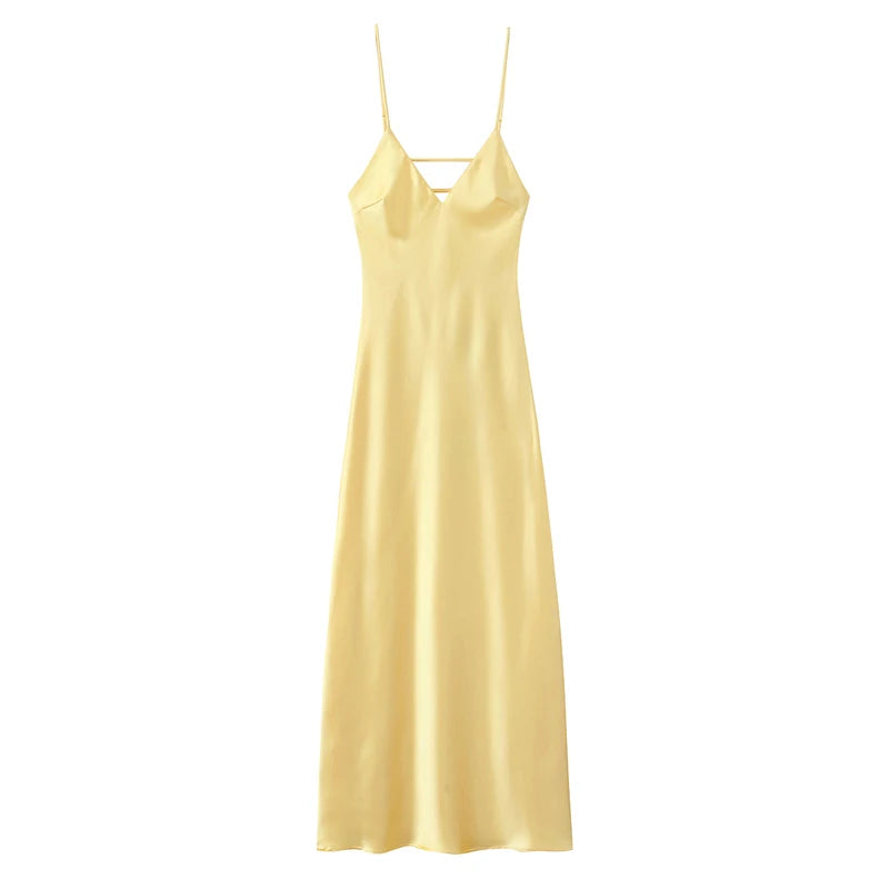 HXAO Yellow Dresses Women Satin V Neck Midi Dress Summer Backless Strap Slip Dresses Elegant Evening Party Dress 2025 Vestidos