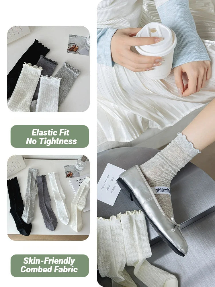 Women Solid Color Mesh Mid Tube Socks Spring Summer Thin Lightweight Breathable Wavy Edge Ballet Style Casual Hollo