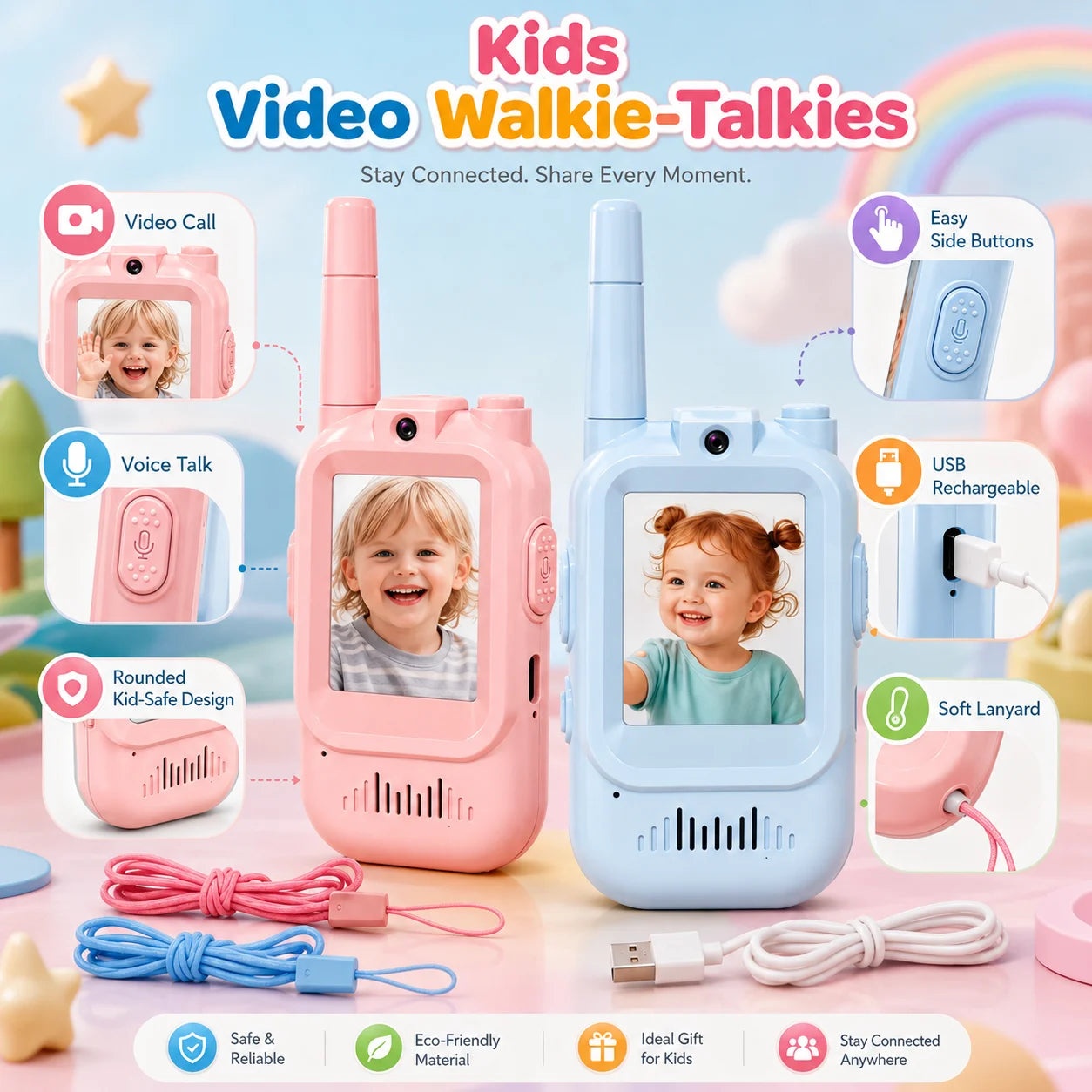2PCS Kids Video Walkie Talkies USB Charging Indoor and Outdoor High Definition Intercom Children's Toys Birthday Gifts Ages 3-12