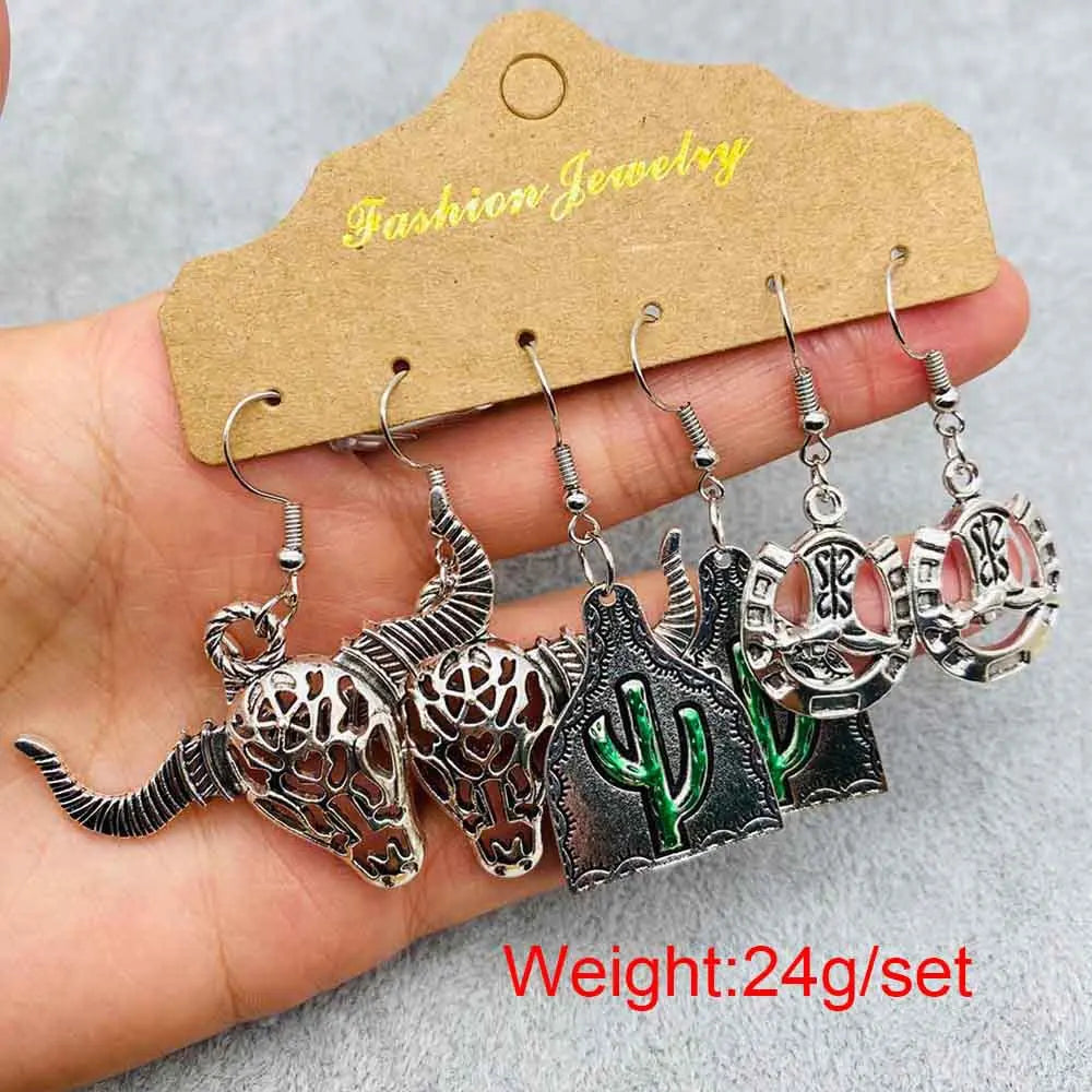 Western Retro  Turquoise Bull Head Earrings Cactus Boots Cowboy Hat Alloy Ethnic Style Earrings Set Jewelry for Women
