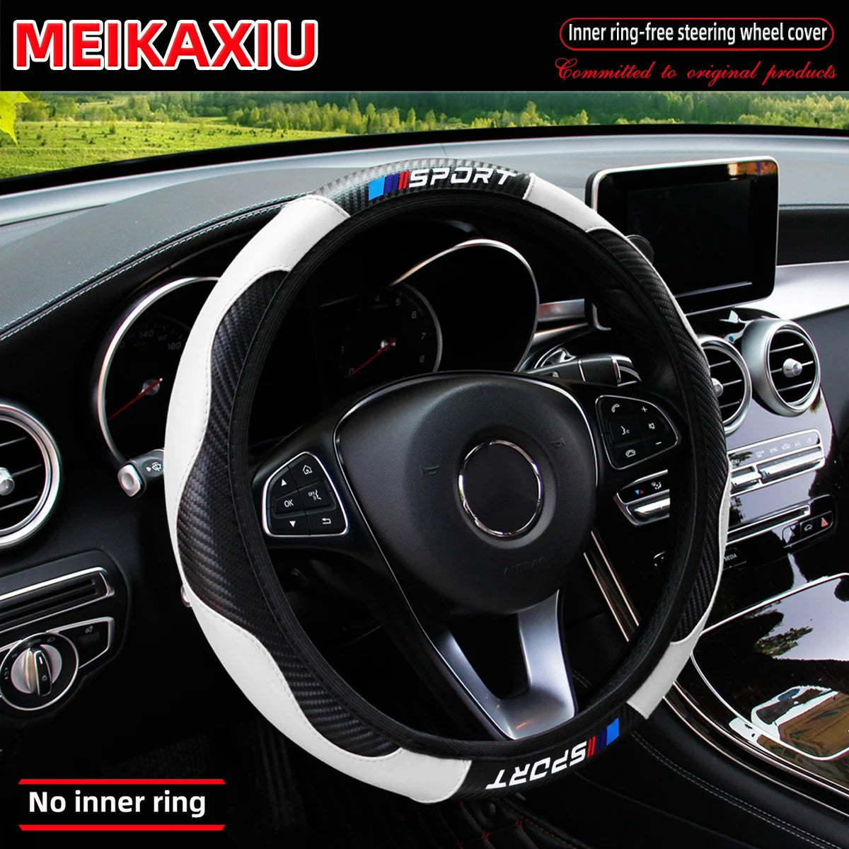 Carbon Fiber Leather Sport Steering Wheel Cover Rimless Universal Fit for 14.5-15 Inch Car Steering Wheels Decorative Accessory