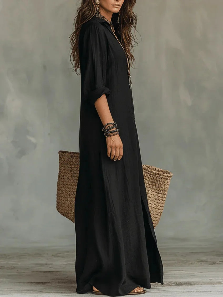 Casual Long Sleeve Loose Maxi Dress Women 2026 Summer Solid Color Turn-down Collar Beach Long Dresses Elegant Vestidos