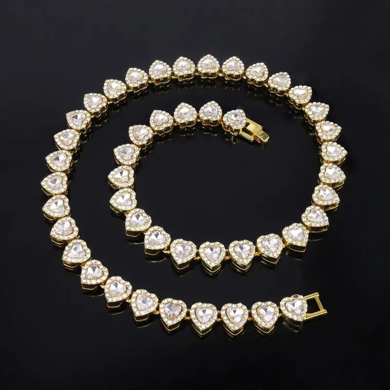 45CM New Hip Hop Tennis Chain Bracelet Necklace Shiny Heart Rhinestone CZ Fashion Rock Party Jewelry