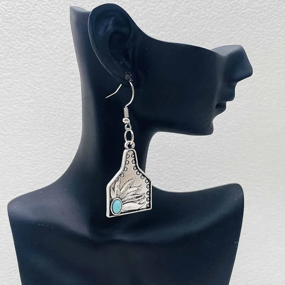 Western Retro  Turquoise Bull Head Earrings Cactus Boots Cowboy Hat Alloy Ethnic Style Earrings Set Jewelry for Women