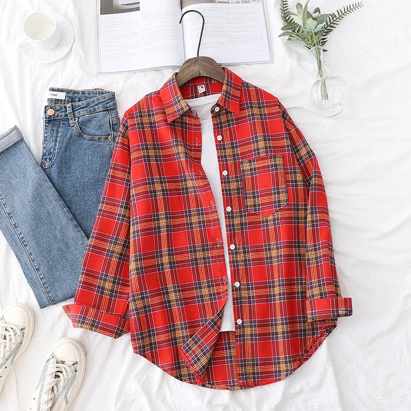 Casual Women's Plaid Shirt 2025 Spring Autumn New Ladies Loose Blouse and Tops Female Long Sleeve Shirts Fresh Checked Clothes