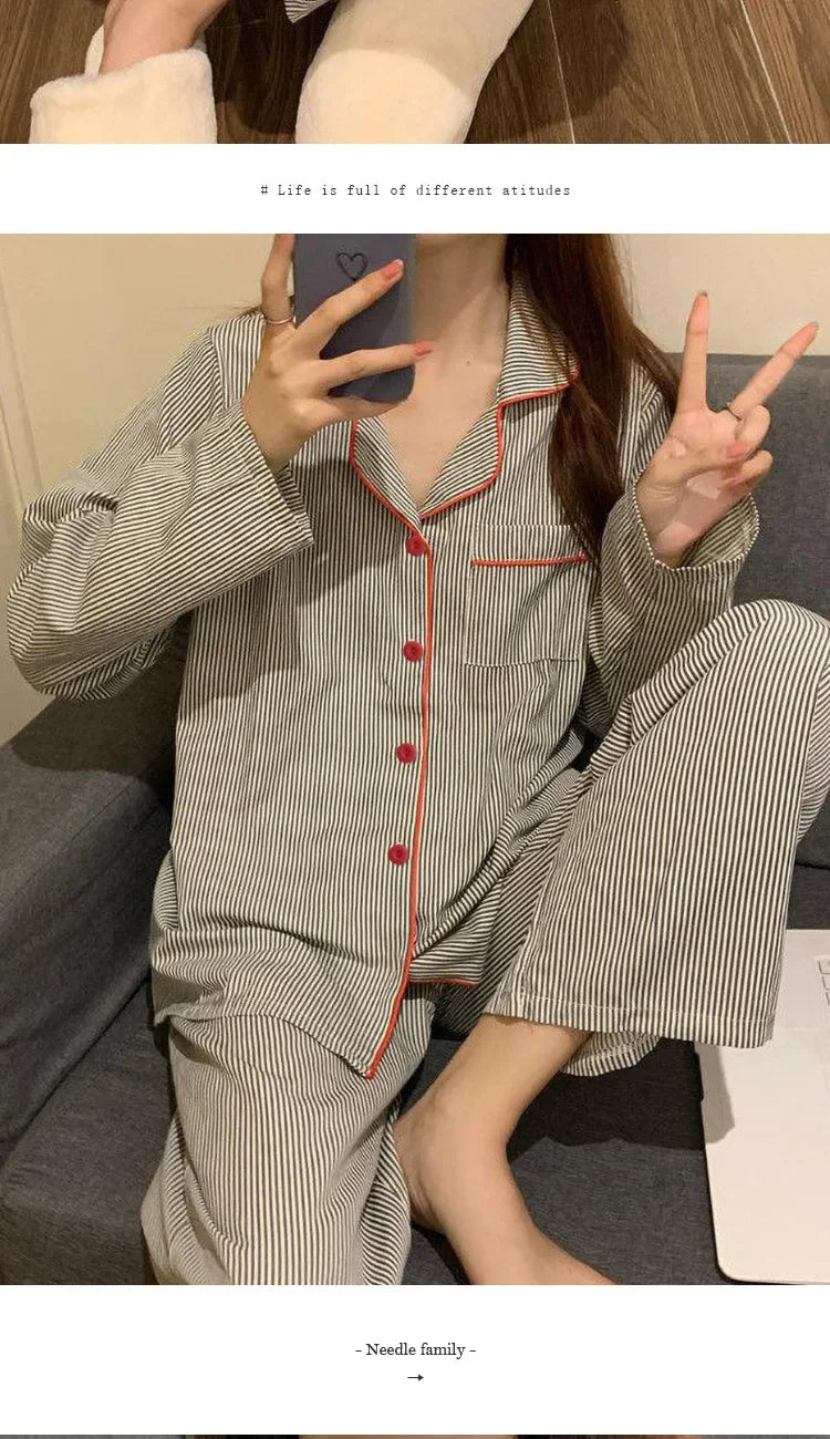 2PCS/Set Women's Long Sleeve Loose Breathable Student Sleepwear Loungewear Cardigan Gray Striped Girl Fashion Pajamas Homewear