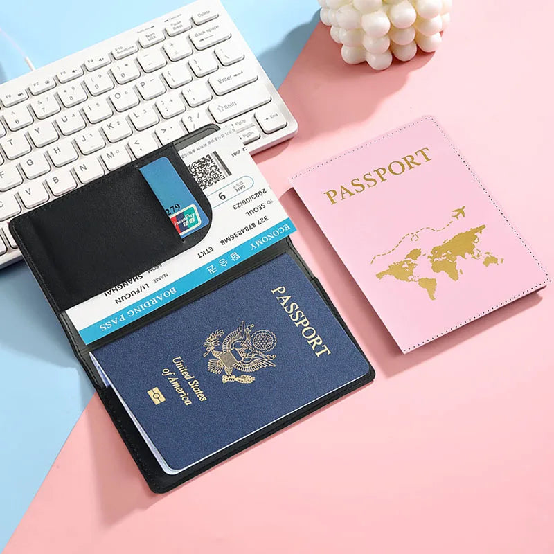 PU Leather Passport Cover For Men & Women World Map Travel Passport Case Organizer - Protective Card Holder ID Document Covers