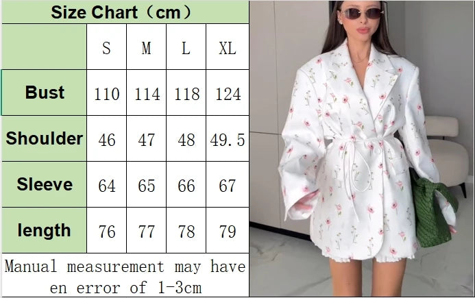 FSMG New Fashion Flowers Print Loose Suit Collar Coat For Women Elegant Belted Waist Cinching Suit Jacket Female Street Chic Top