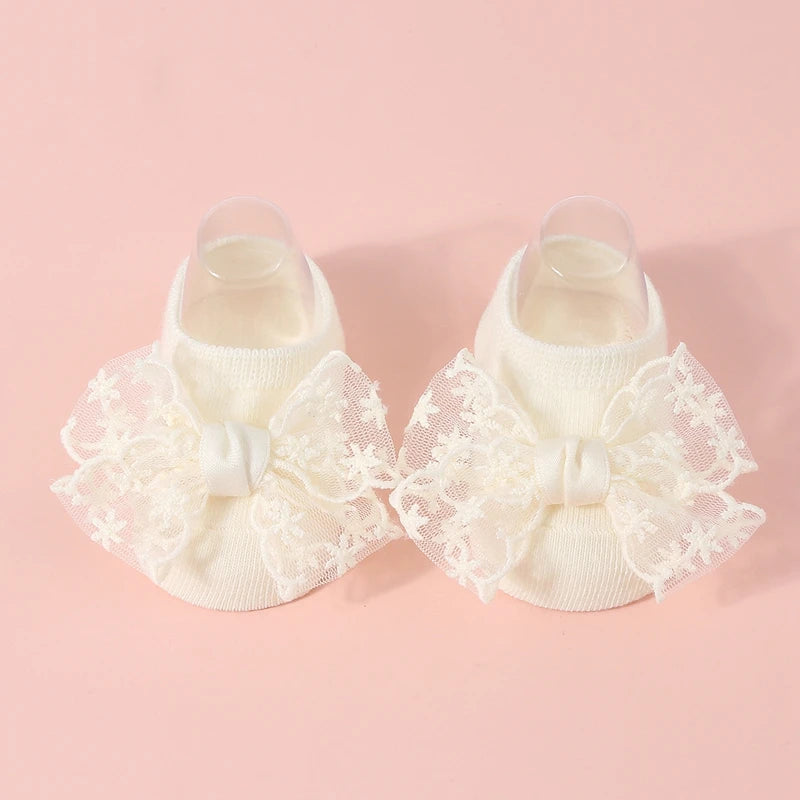 Baby Girls Socks Headband Sets Spring Autumn Knit Lace Bow Princess Socks for Party, Wedding, Baby Shower