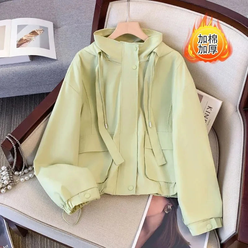 Short Hooded Jacket Women's Spring Autumn 2026 New Lady Loose Thin Work Jacket Top Solid Casual Student Zipper Outwear