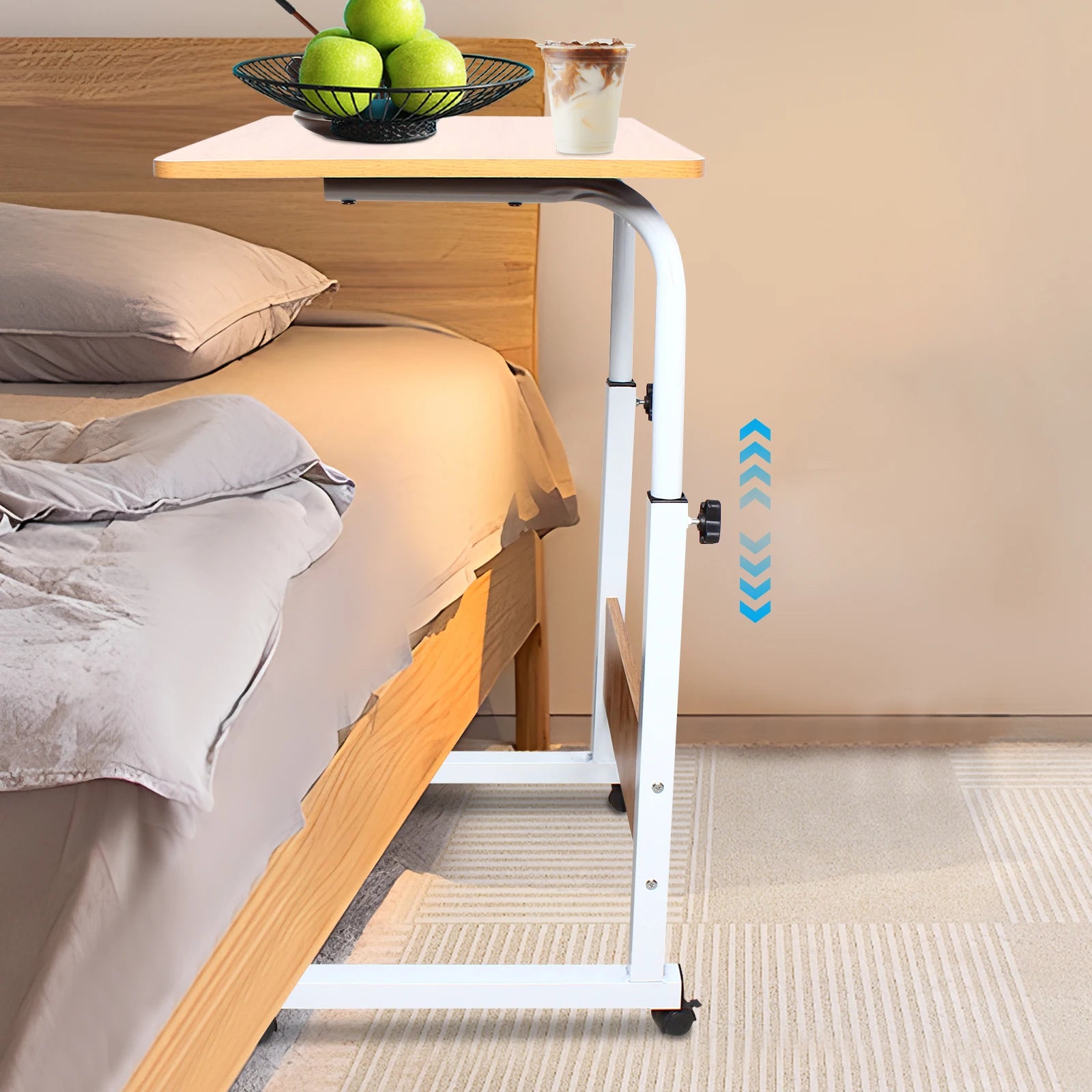 Mobile Laptop Desk 60*40cm Mdf Adjustable Bedside Desk Height Rolling Computer Table with Lockable Wheel for Home Bedroom Dormitory