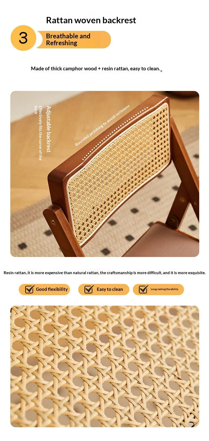 Foldable Wooden Bar Stool High Counter Stool Rattan Back Modern Minimalist Kitchen Island Breakfast Bar Dining Room Furniture