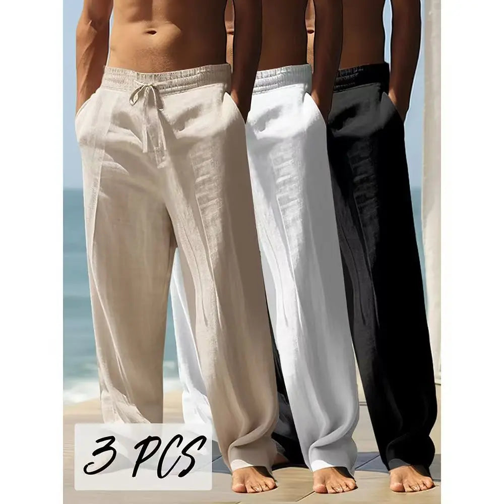 2025 Spring/Summer New Men's Cotton and Hemp Pants Fashionable and Casual Solid Color Breathable Loose Plus Wide Leg Pants M-4XL
