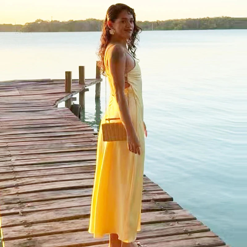 HXAO Yellow Dresses Women Satin V Neck Midi Dress Summer Backless Strap Slip Dresses Elegant Evening Party Dress 2025 Vestidos