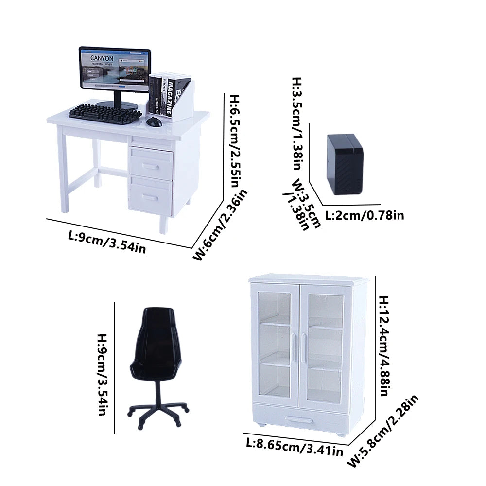 1:12 Dollhouse Miniature Office Furniture Set Simulation Computre Desk Model Bookshelves Doll House Decoration Accessories