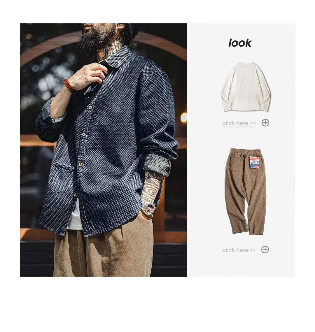 Maden Retro Checkered Long-sleeved Denim Shirt Loose Lapel Single-breasted Jacket for Men Spring and Fall Versatile Outerwear