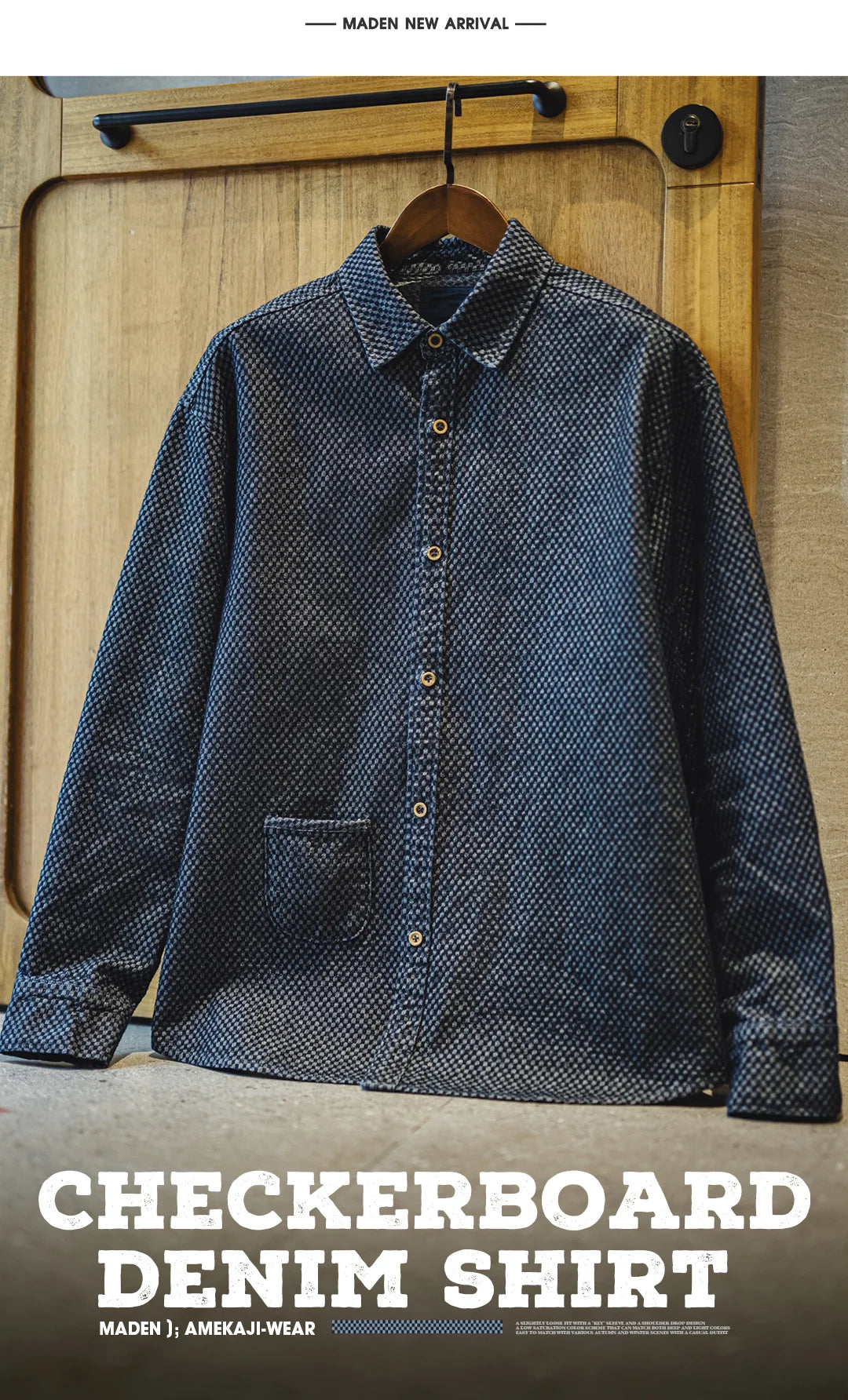 Maden Retro Checkered Long-sleeved Denim Shirt Loose Lapel Single-breasted Jacket for Men Spring and Fall Versatile Outerwear