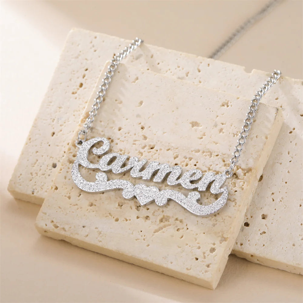 My Shape Custom Name Sparkling Necklaces Stainless Steel Customized Bling Frosted Pendants Personalized Name Chain Jewelry Gifts