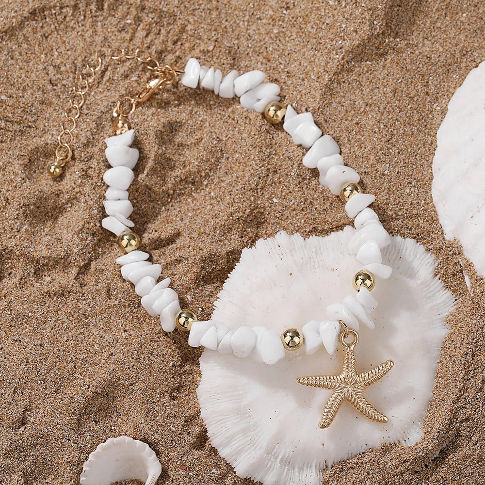 White Turquoise Beaded Chain Starfish Pendant Ankle Summer Bracelet Charm Sandals Barefoot Beach Foot Bridal Jewelry